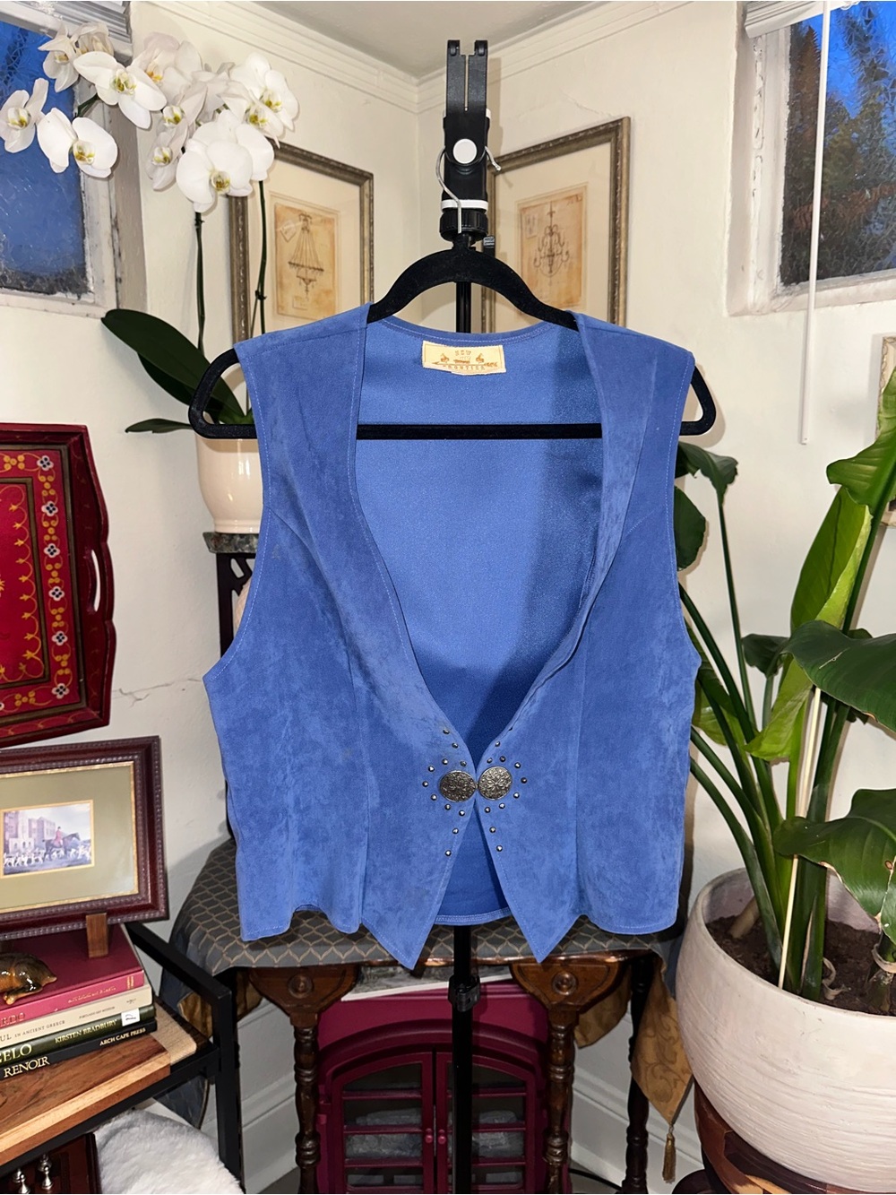 Vintage New Frontier Blue Faux Suede Vest with Decorative Silver Closure